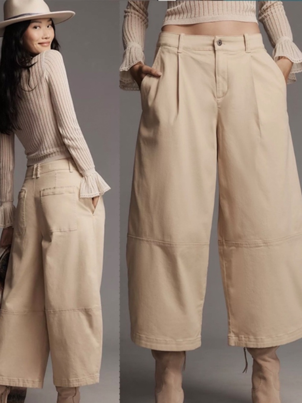 Anthropologie Maeve Cropped Barrel Leg Pleated Chino Pants Cream 8 Baggy Bohemia